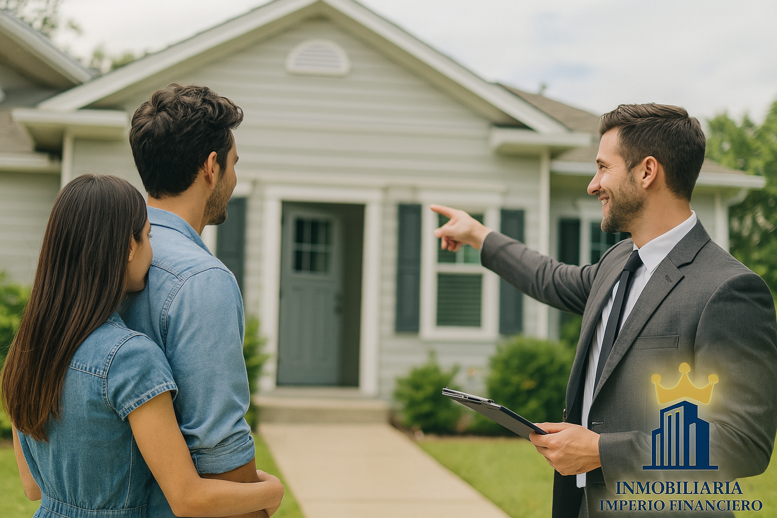 Agente inmobiliario mostrando una casa a una pareja interesada en comprar