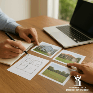 Manos revisando fotos de propiedades y planos sobre una mesa, ilustrando el proceso de elegir una propiedad ideal