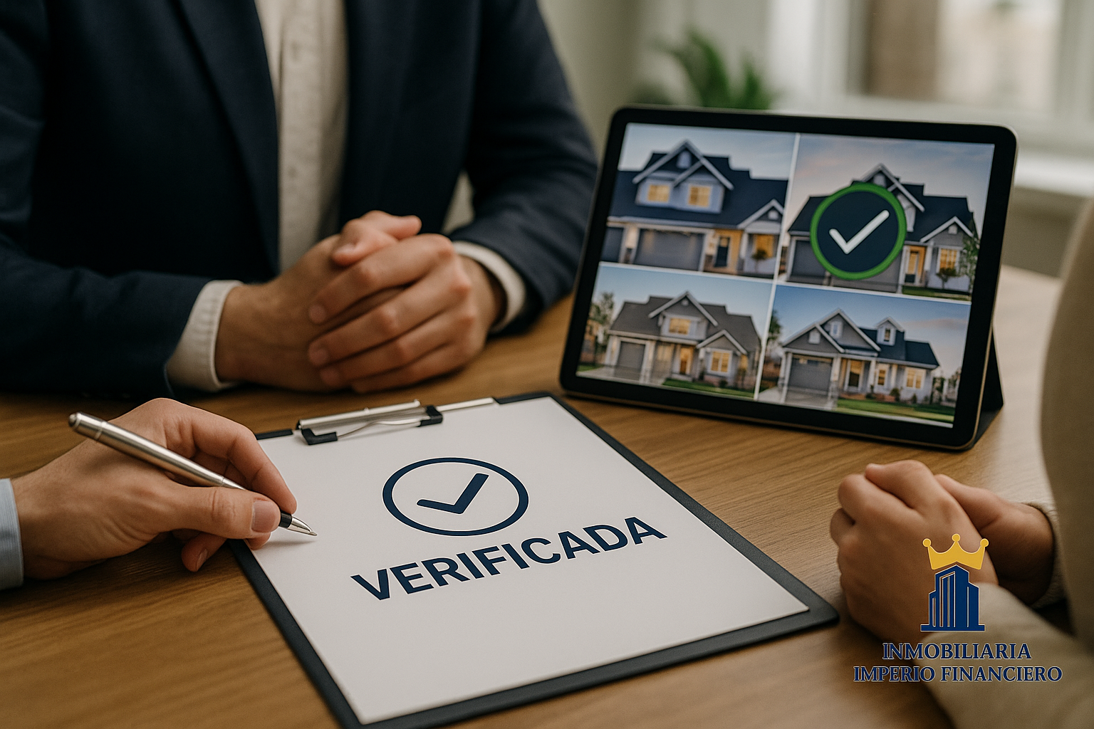 Agente inmobiliario mostrando propiedades verificadas en una tablet con documento sellado