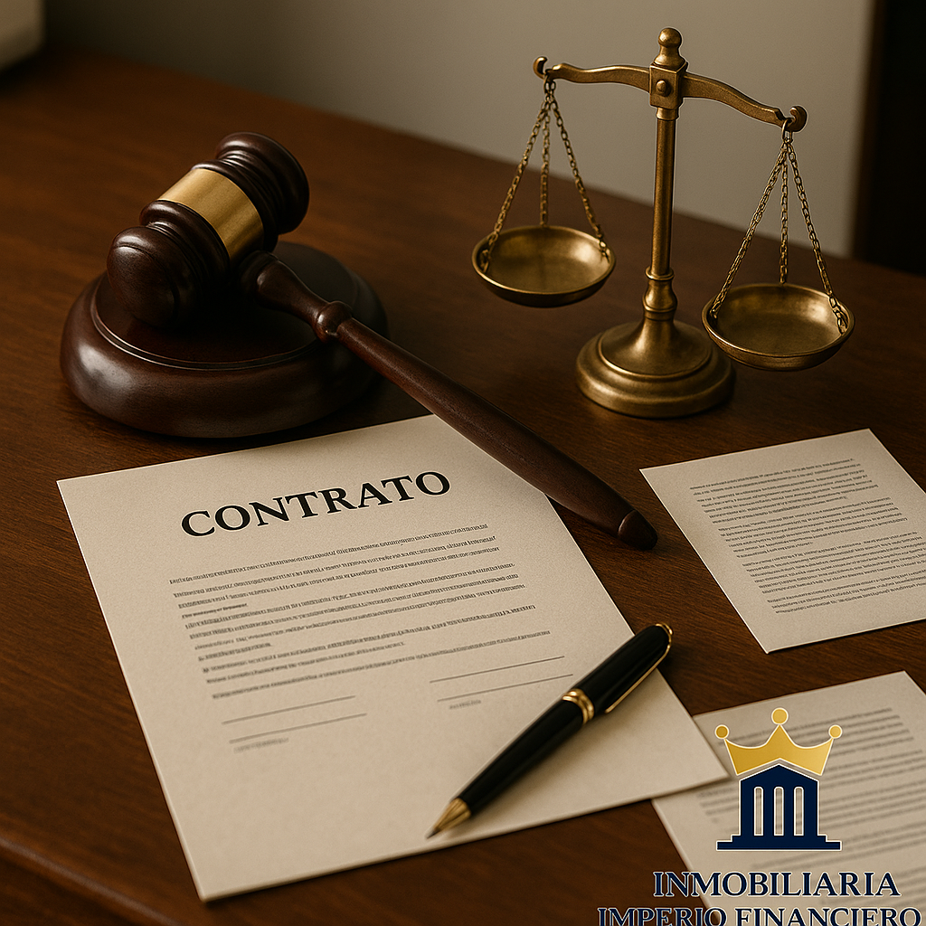 Escritorio profesional con contrato legal en español, mazo de juez, balanza dorada y bolígrafo elegante, representando asesoría legal inmobiliaria confiable.