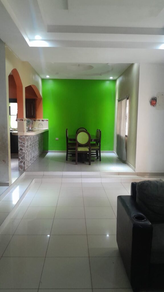 Vista desde la sala hacia el comedor, con muro decorativo verde, barra de cocina y techo moderno con iluminación empotrada