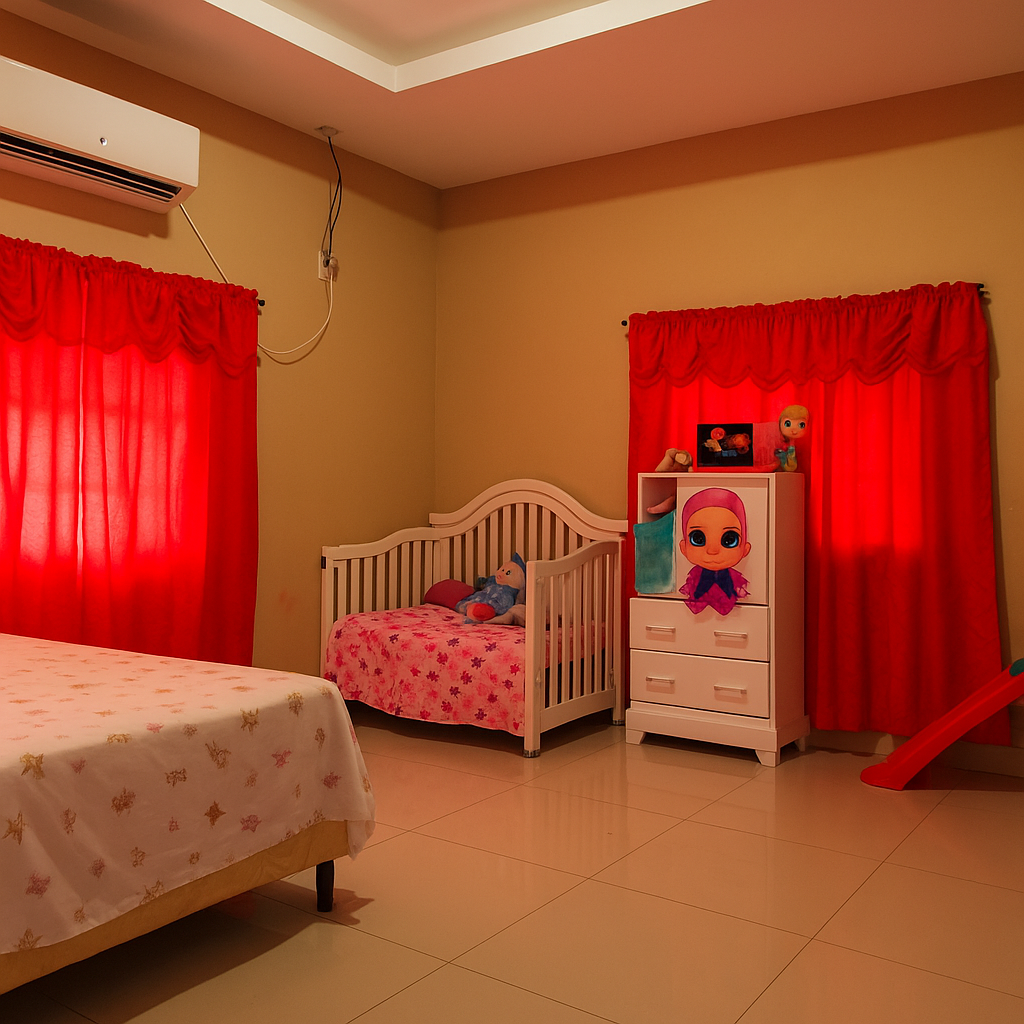 Habitación infantil con aire acondicionado, cuna, cama matrimonial y decoración colorida, ideal para familias con niños.