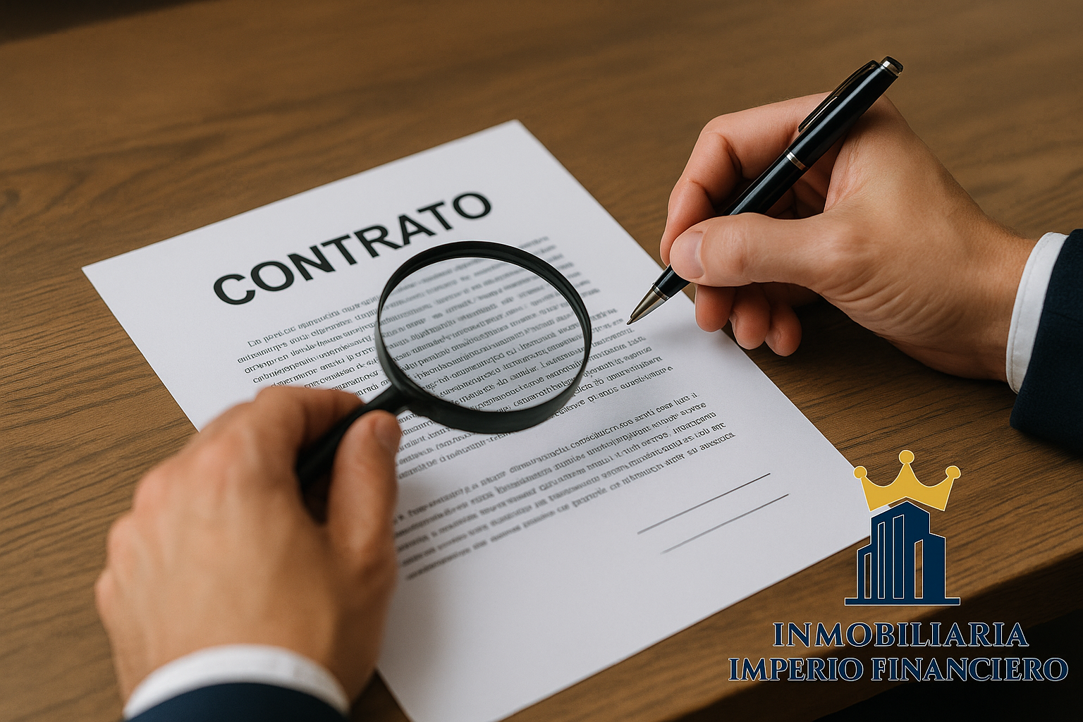 Revisión legal de contrato de compraventa en oficina, manos firmando documento en español

