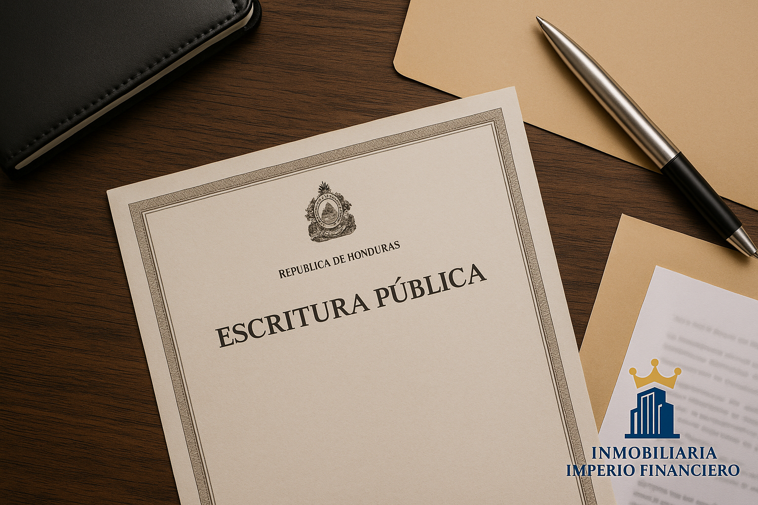 Revisión de escritura pública hondureña sobre escritorio, manos verificando documentos legales