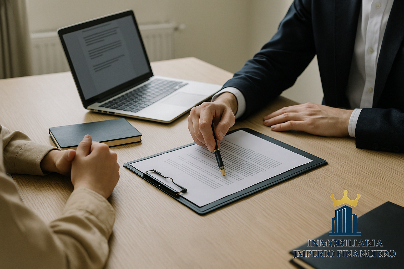 Consulta legal en oficina inmobiliaria, manos revisando documentos sobre escritorio profesional

