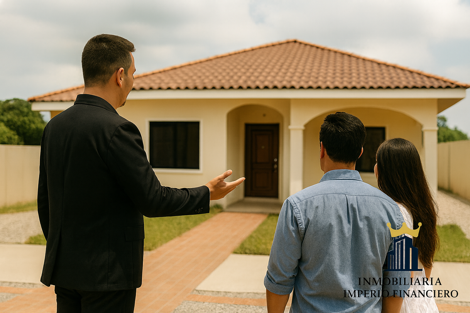 Asesor inmobiliario mostrando una casa a una pareja frente a una vivienda de una planta estilo latino, en Olanchito, Honduras.