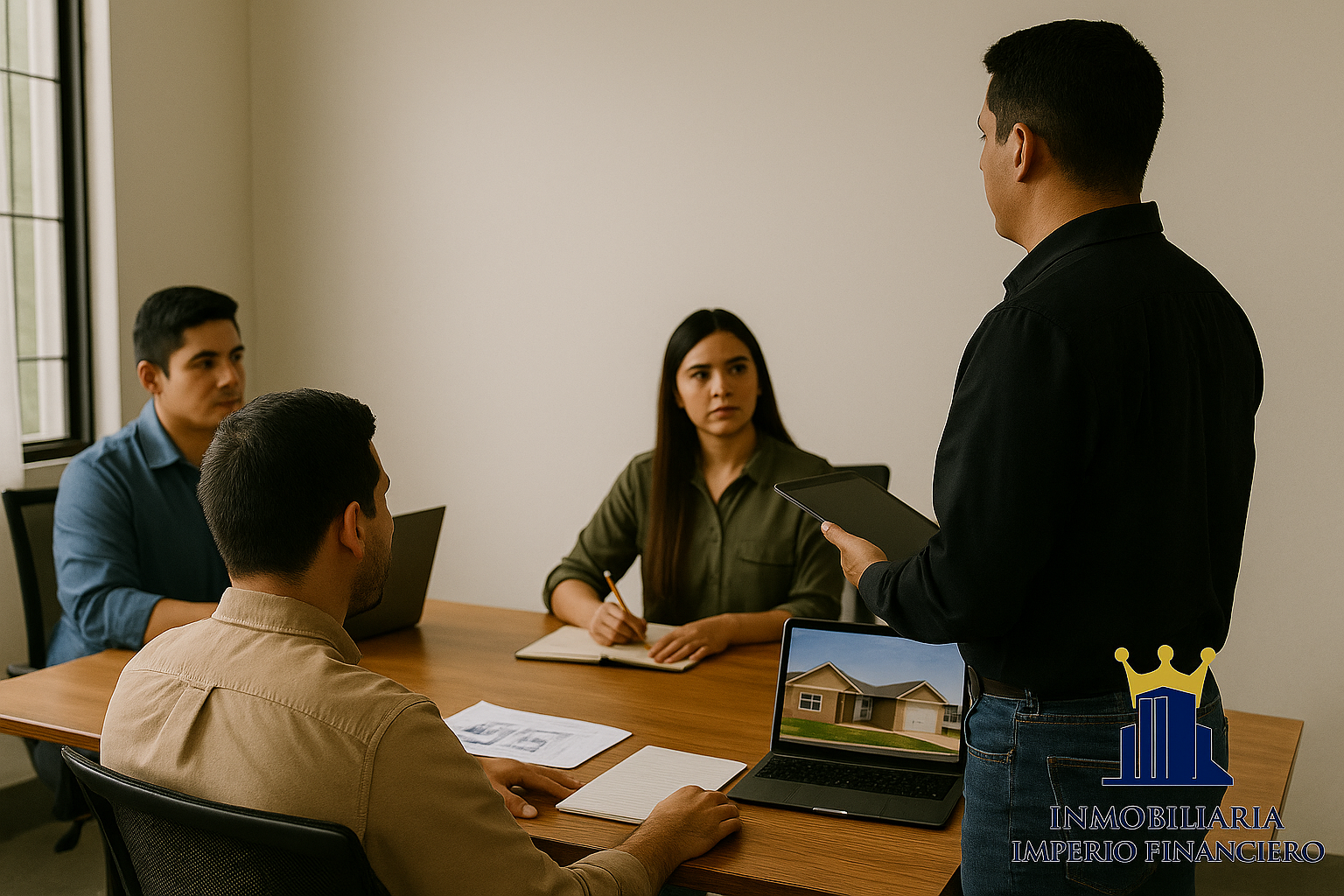 Fundador de Inmobiliaria Imperio Financiero dirigiendo reunión de trabajo en oficina con equipo, enfocados en planificación y atención al cliente