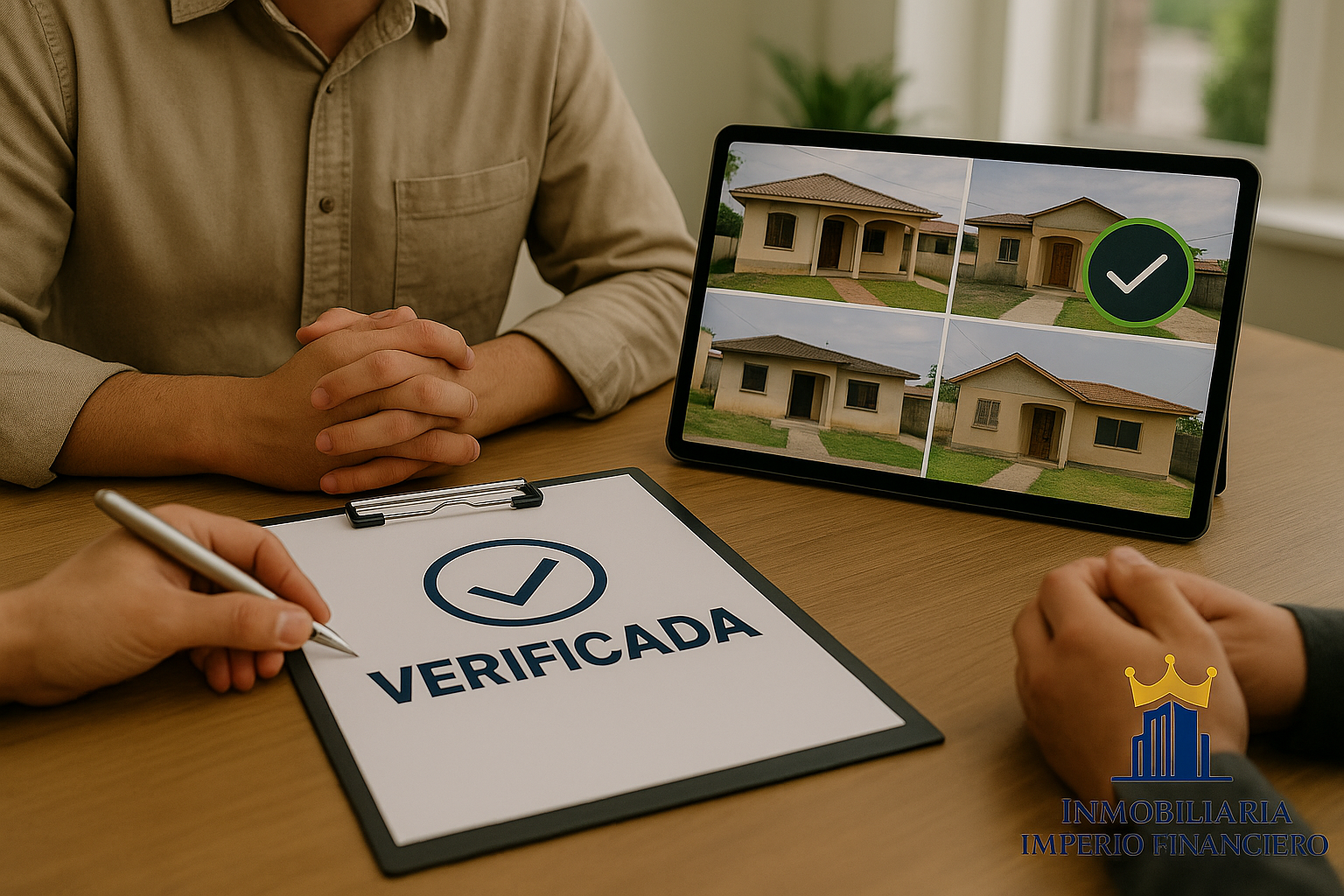 Personas revisando documento con sello de “Verificada” junto a tablet que muestra casas típicas de Olanchito, Honduras