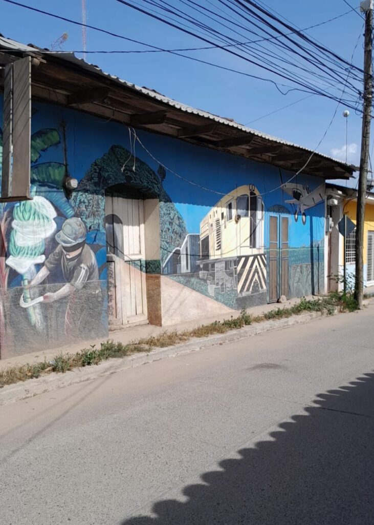 Fachada de propiedad con mural colorido en venta como terreno urbano en el centro de Olanchito, Honduras.