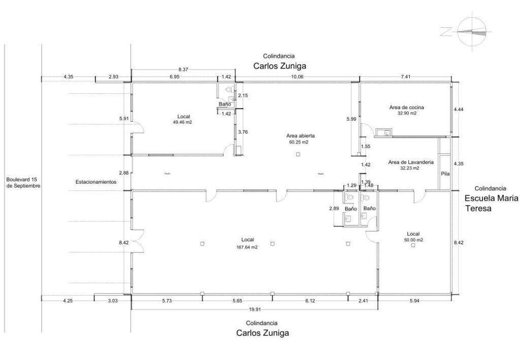 "Plano de distribución de locales comerciales en venta en Olanchito con medidas y ubicación de cada espacio